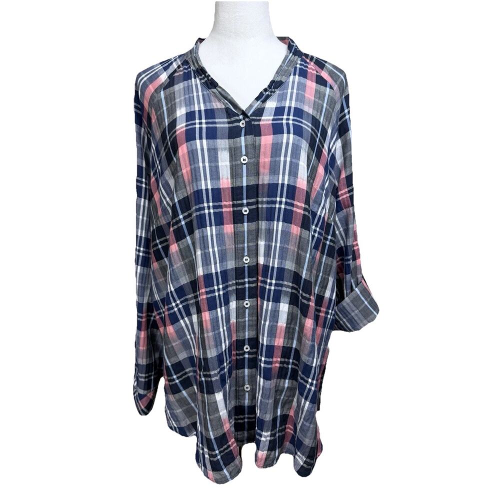 Lane Bryant Long Sleeve‎ Plaid Shirt Tunic Blouse Top Button Up Blue Pink 18/20